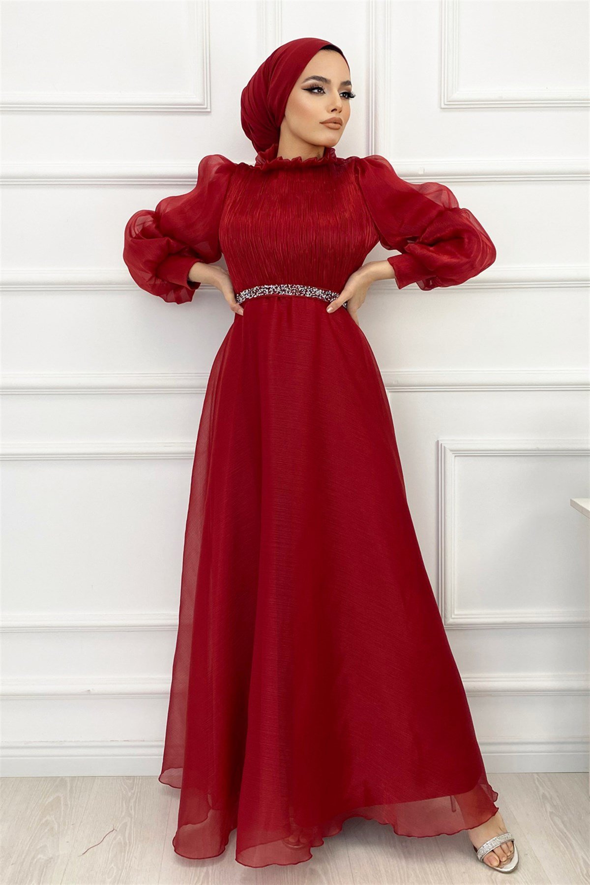 Balon Kol Şifon Abiye-Kırmızı