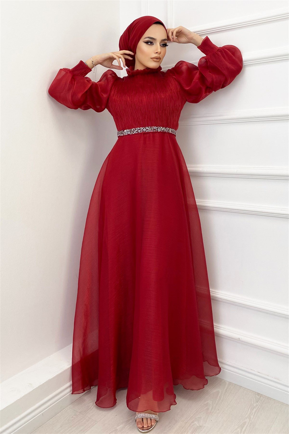 Balon Kol Şifon Abiye-Kırmızı