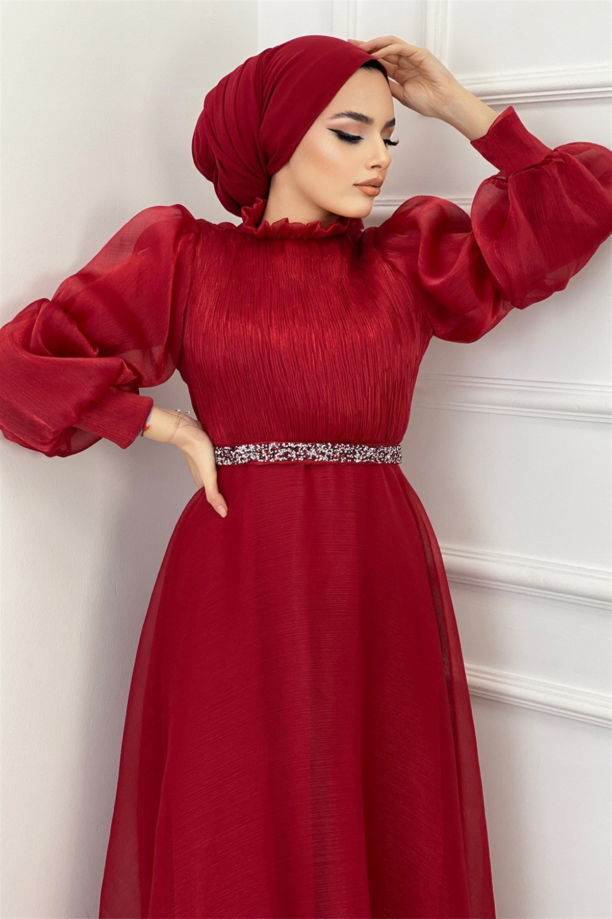 Balon Kol Şifon Abiye-Kırmızı