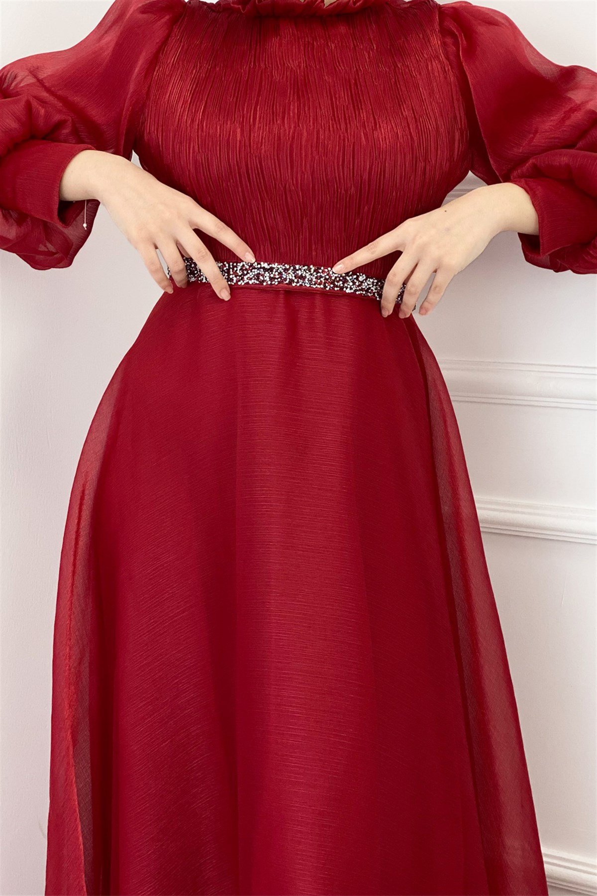 Balon Kol Şifon Abiye-Kırmızı