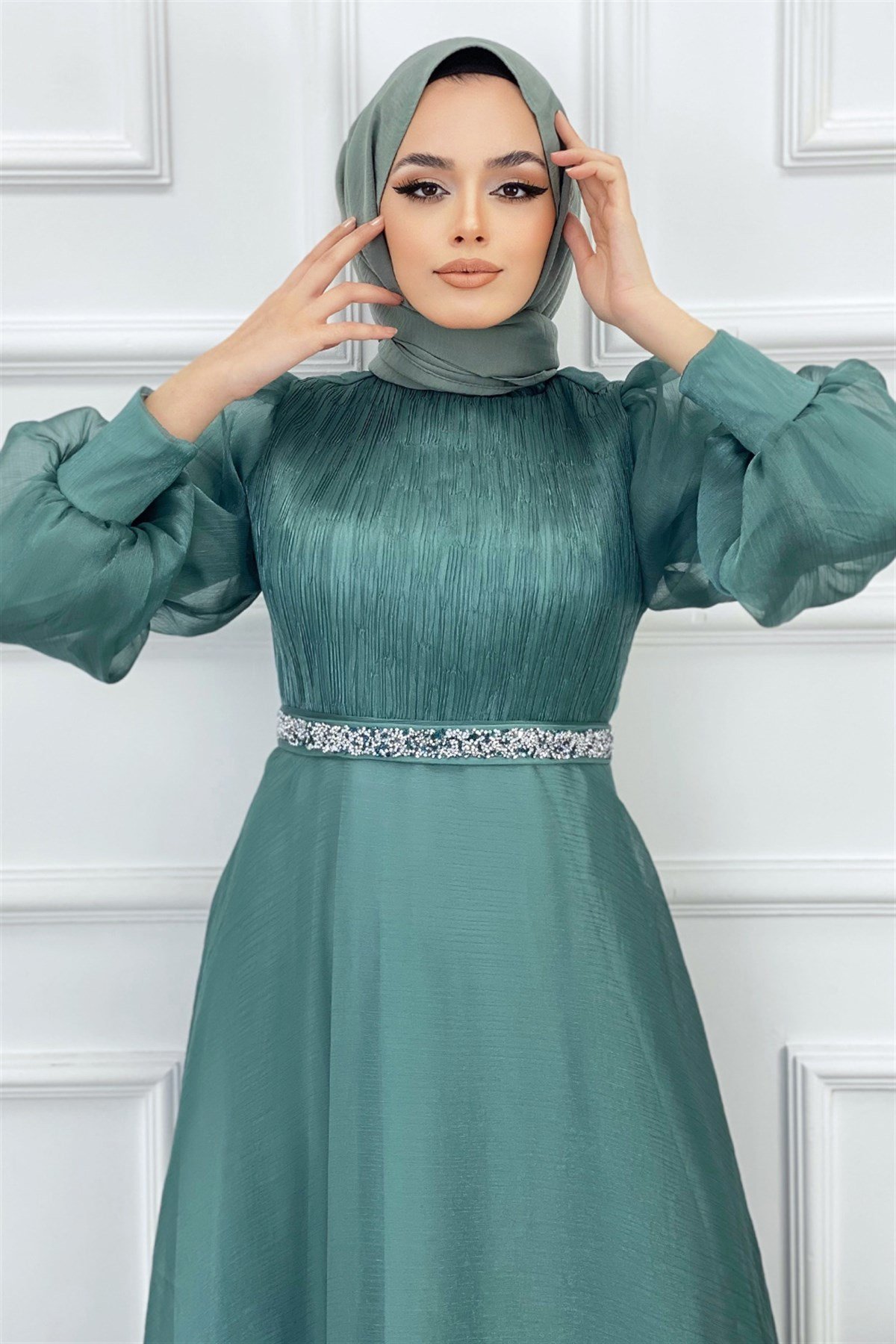 Balon Kol Şifon Abiye-Mint Yeşili