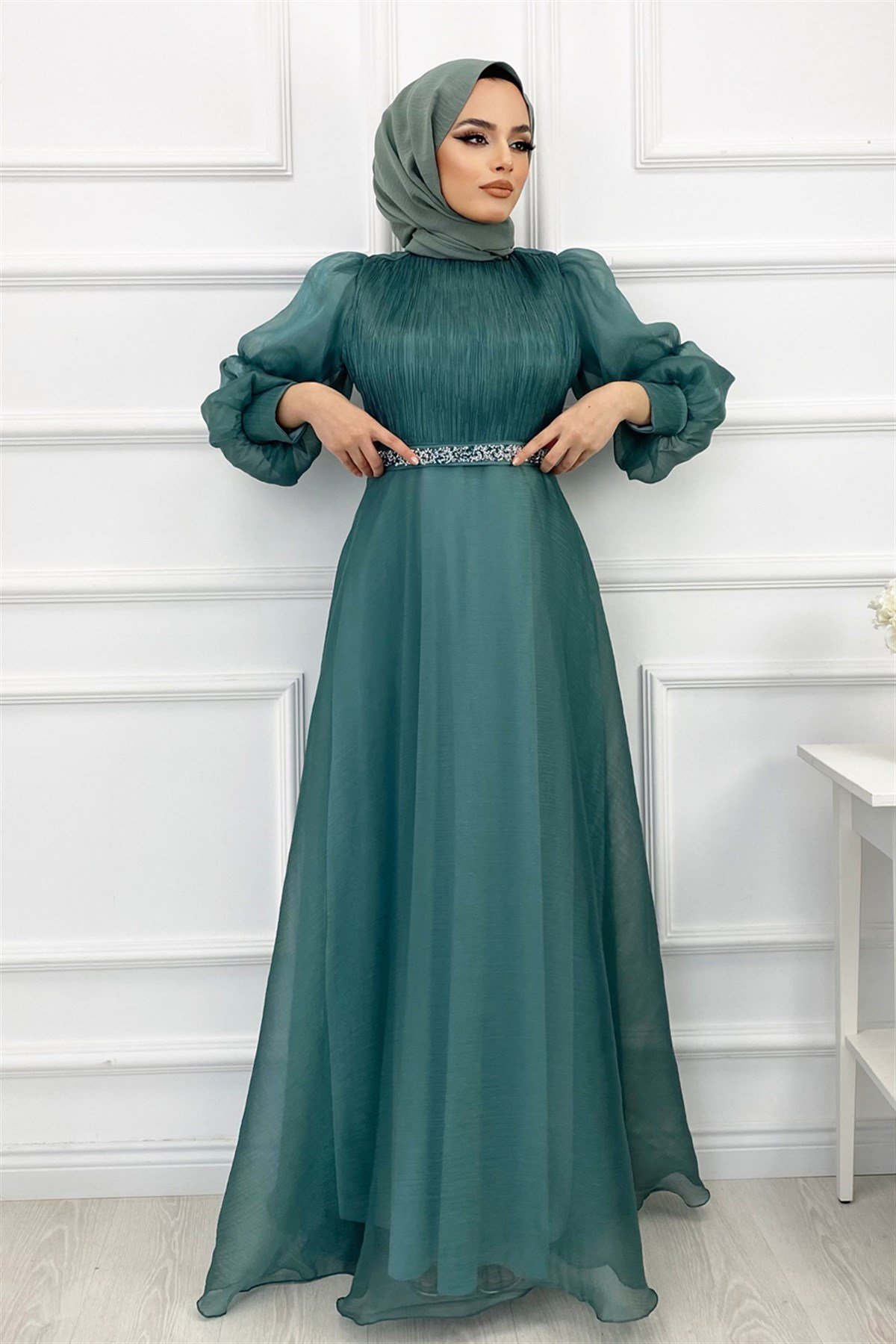 Balon Kol Şifon Abiye-Mint Yeşili