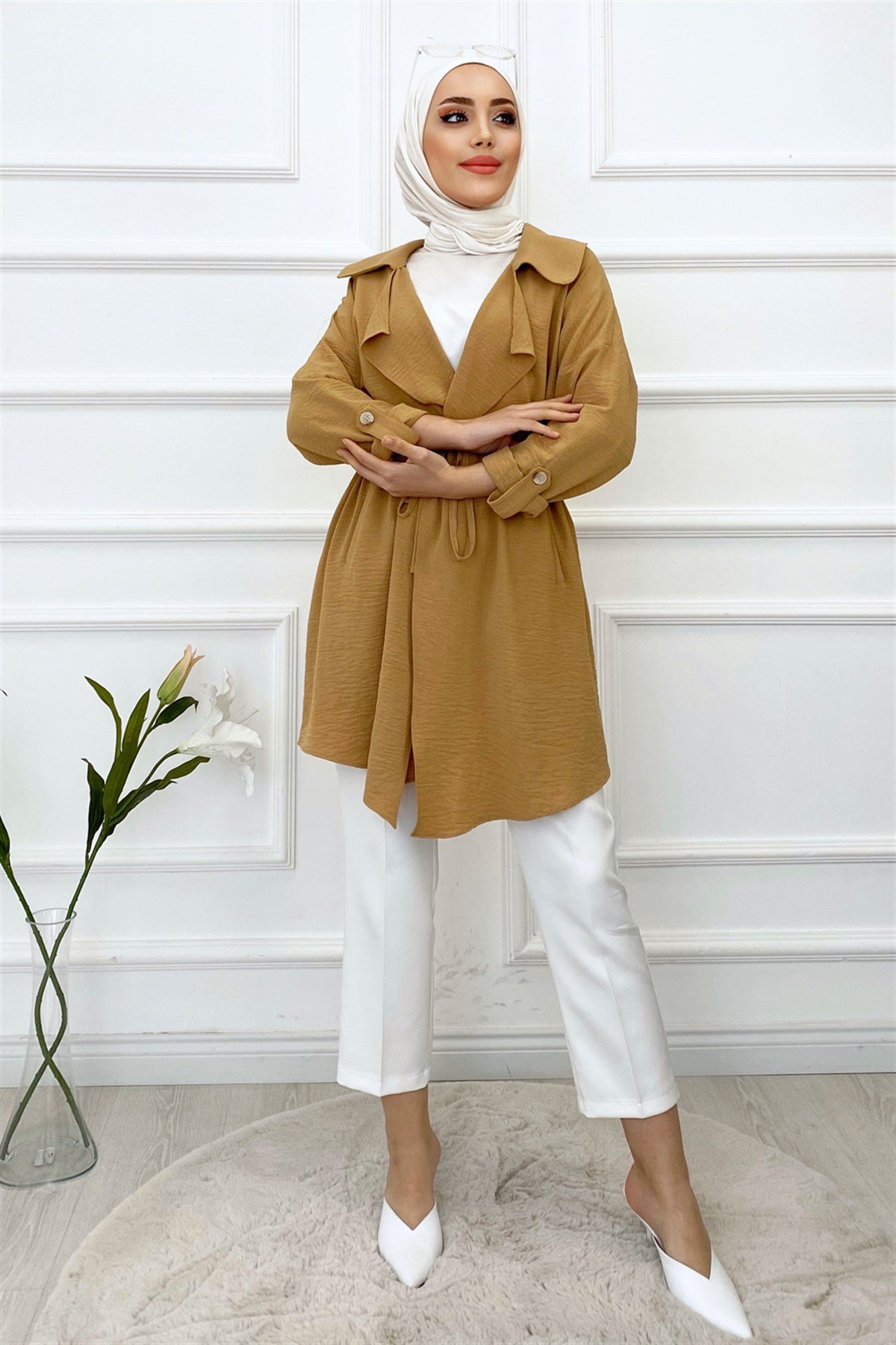 Beli Büzgülü Kimono-Camel