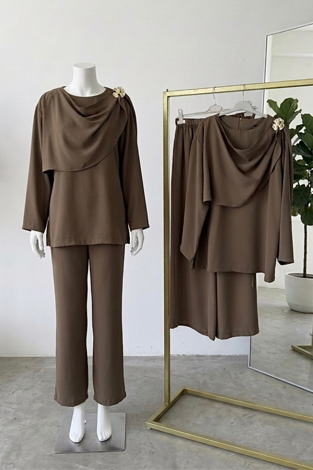 Bronşlu Şal Detaylı Takım Olive