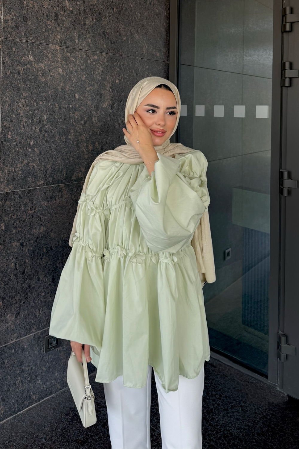 Çiçek Detaylı Gömlek Mint