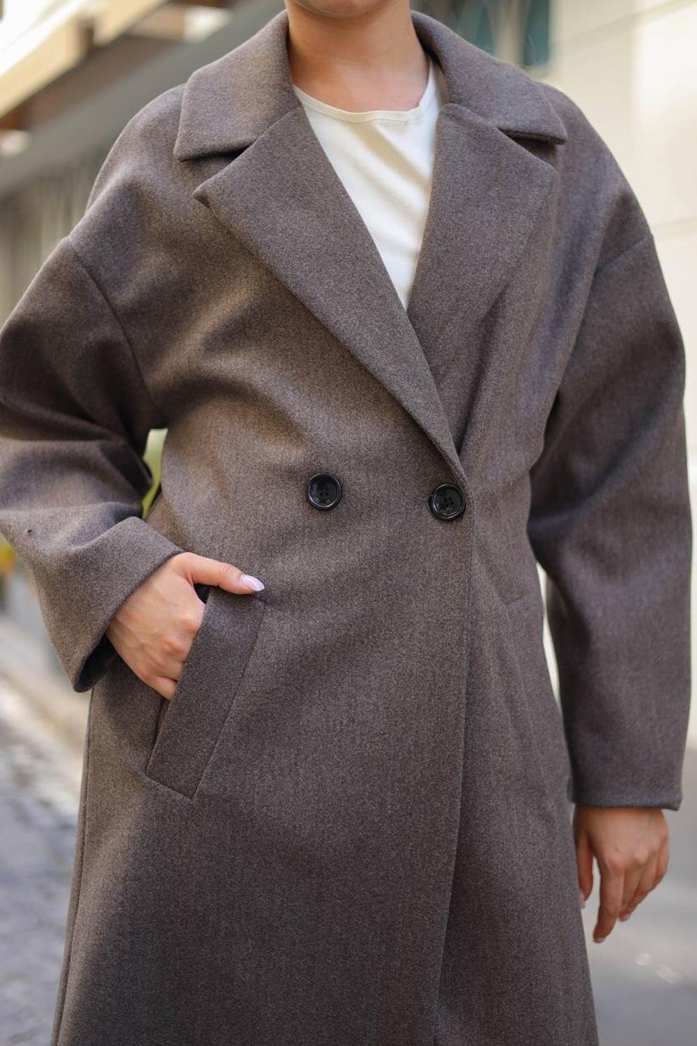 Çift Düğmeli Kaşe Kaban Antrasit