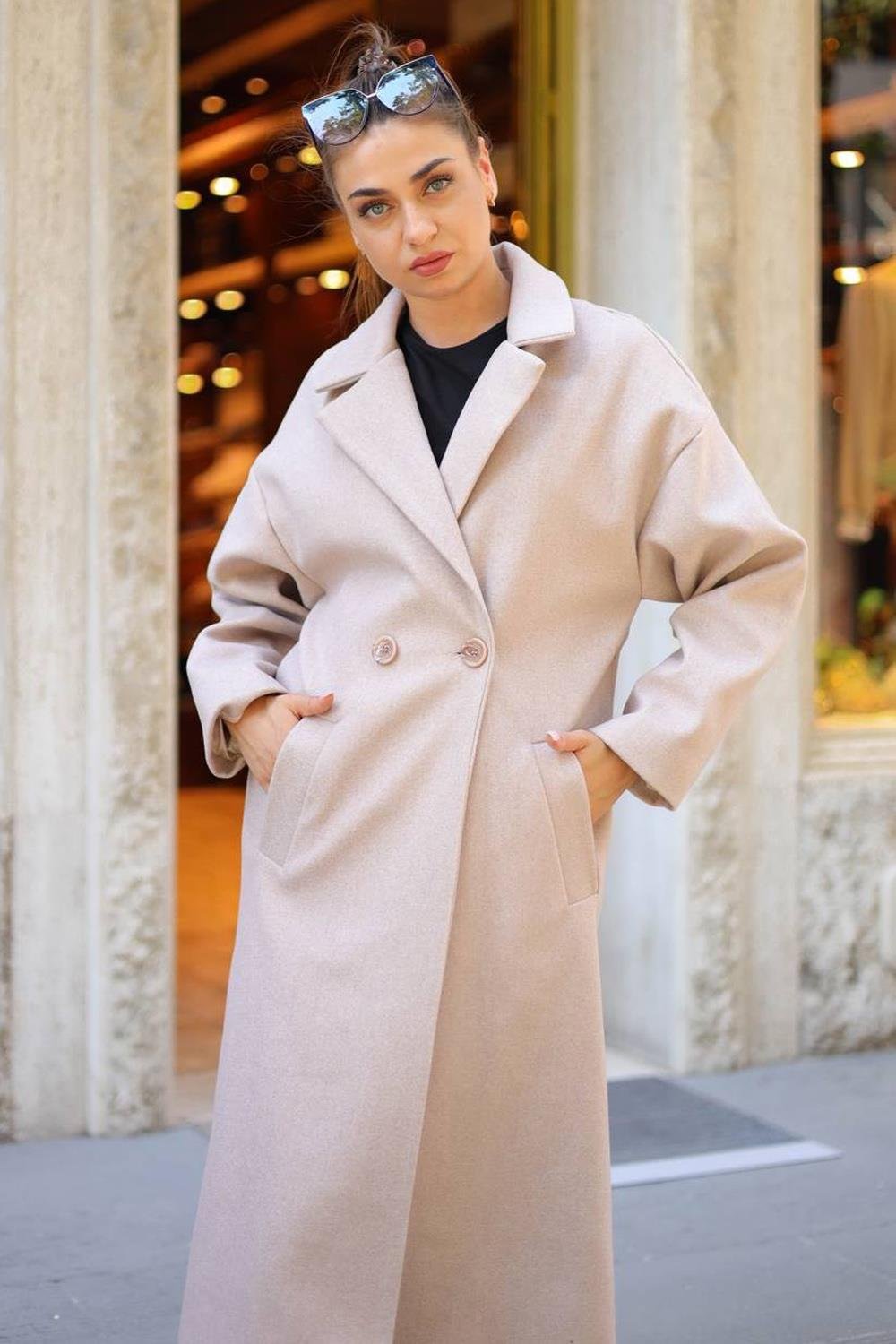 Çift Düğmeli Kaşe Kaban Bej