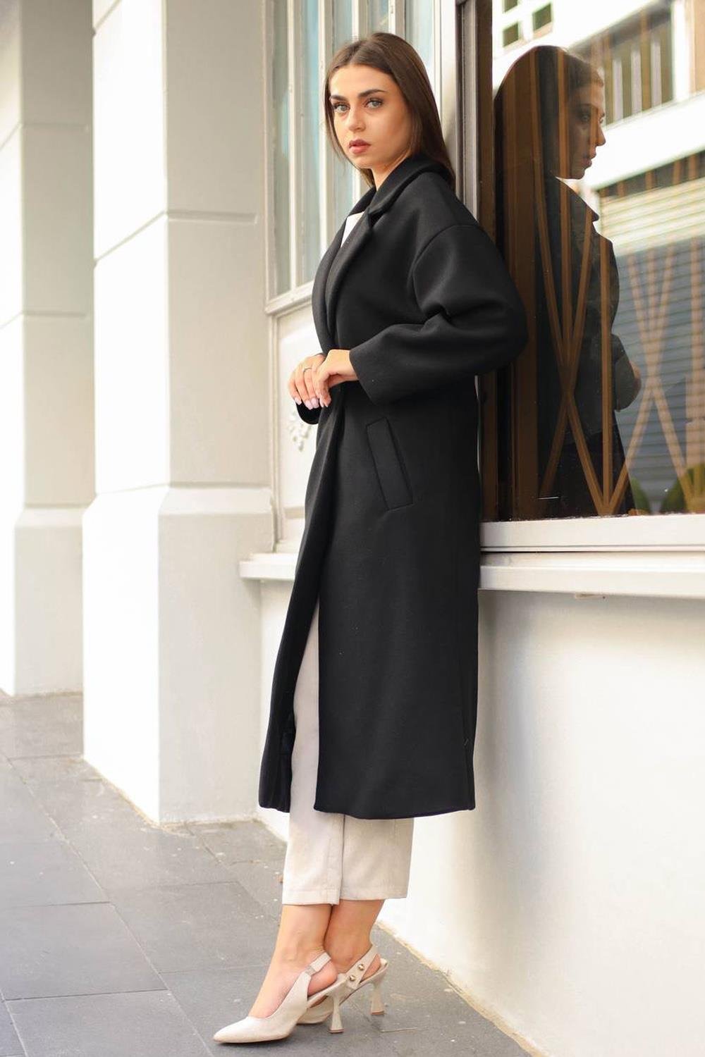 Çift Düğmeli Kaşe Kaban Siyah