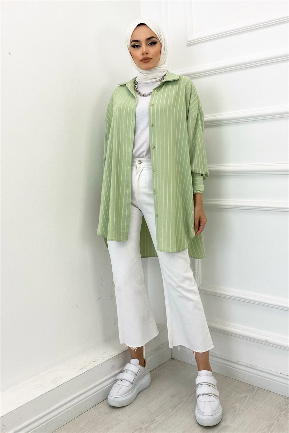 Çizgili Oversize Gömlek Mint Yeşili