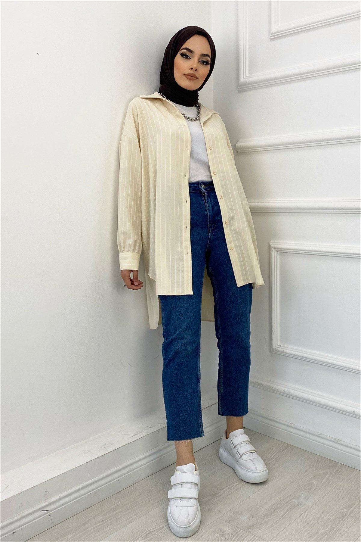 Çizgili Oversize Gömlek Taş