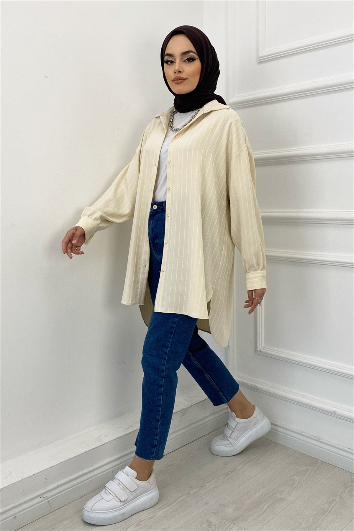 Çizgili Oversize Gömlek Taş