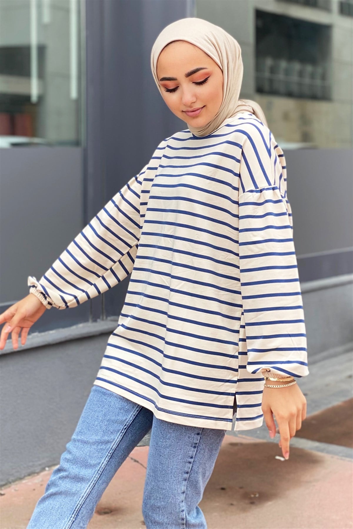 Çizgili Sweatshirt-Mavi