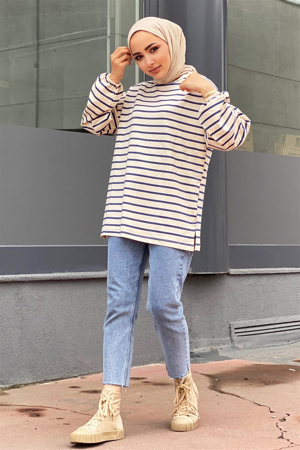 Çizgili Sweatshirt-Mavi