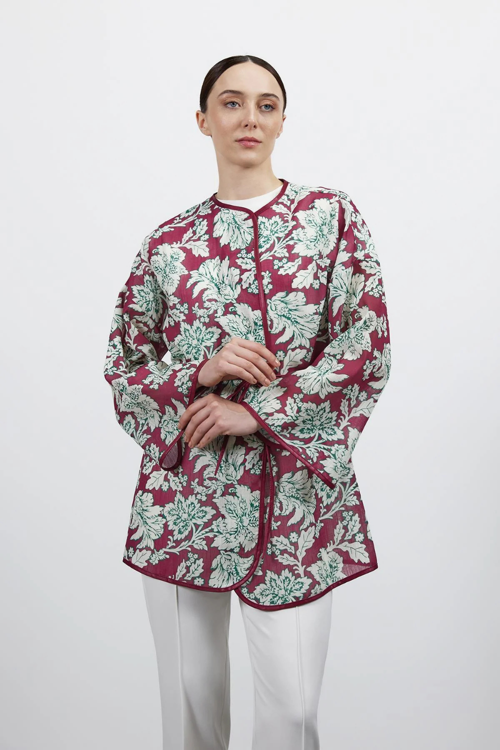 Desenli Keten Kimono Bordo
