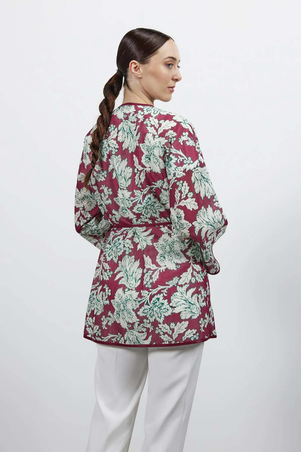 Desenli Keten Kimono Bordo