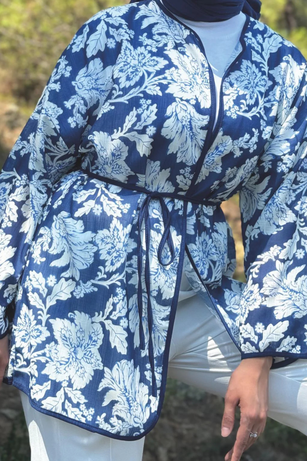 Desenli Keten Kimono Lacivert