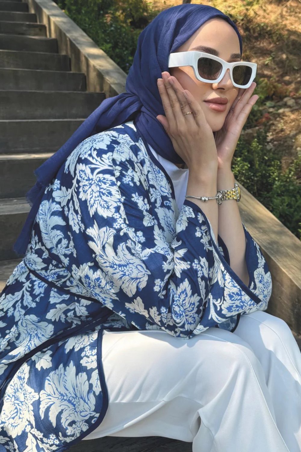 Desenli Keten Kimono Lacivert