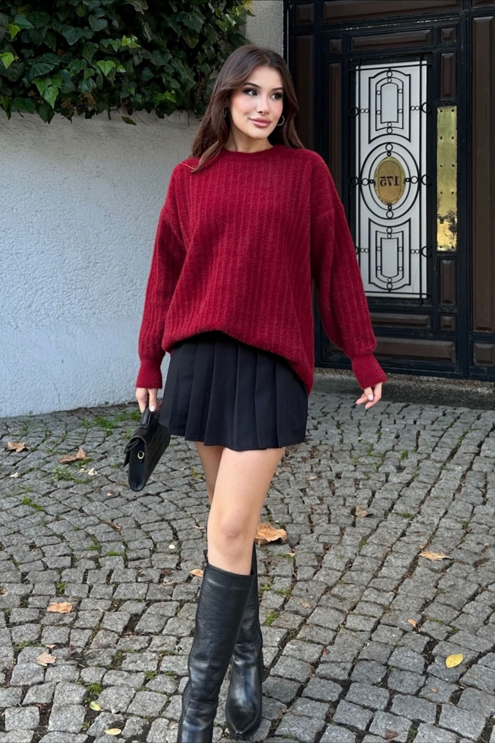Dik Çizgili Triko Kazak Bordo