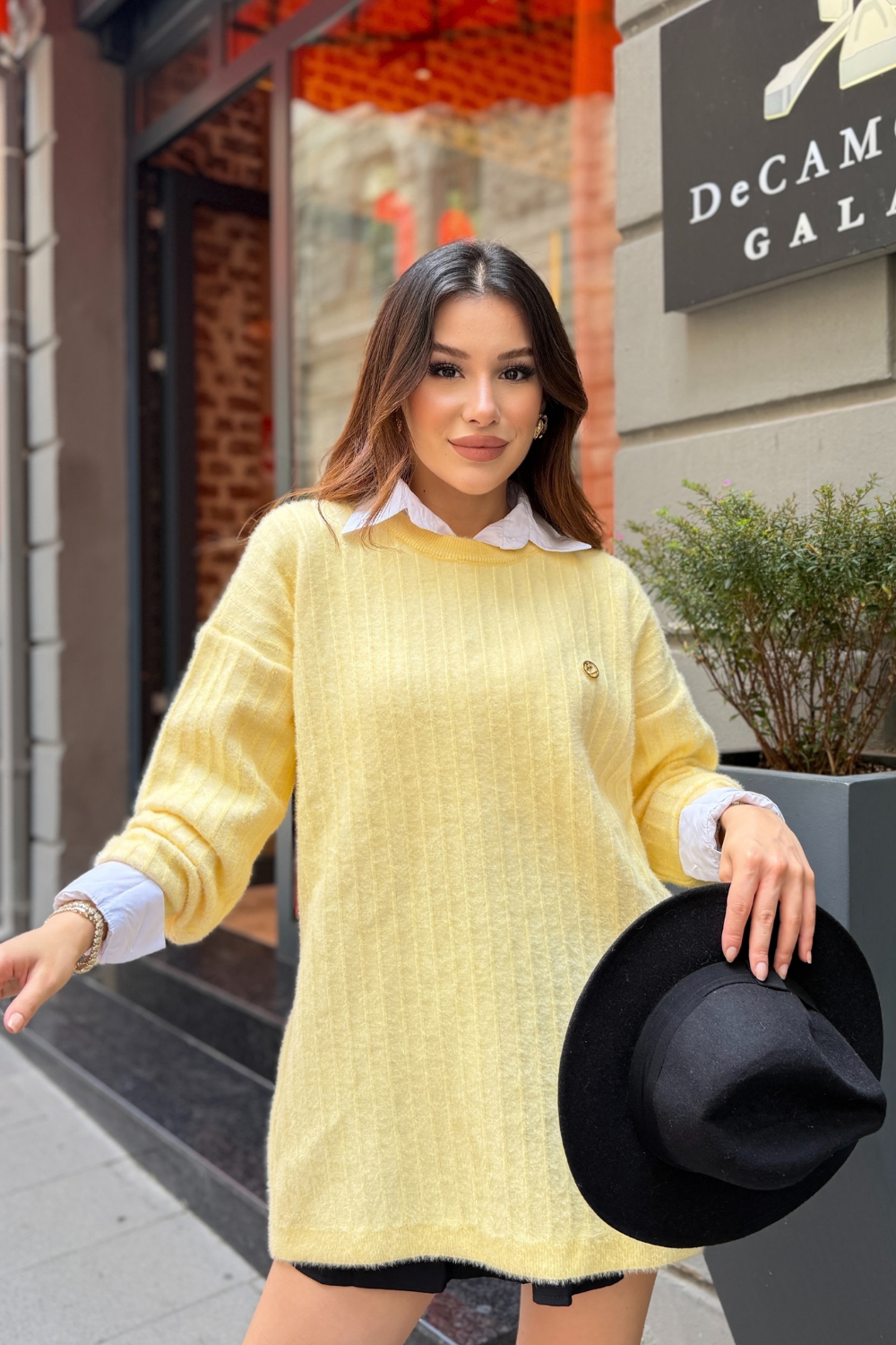 Dik Çizgili Triko Kazak Sarı