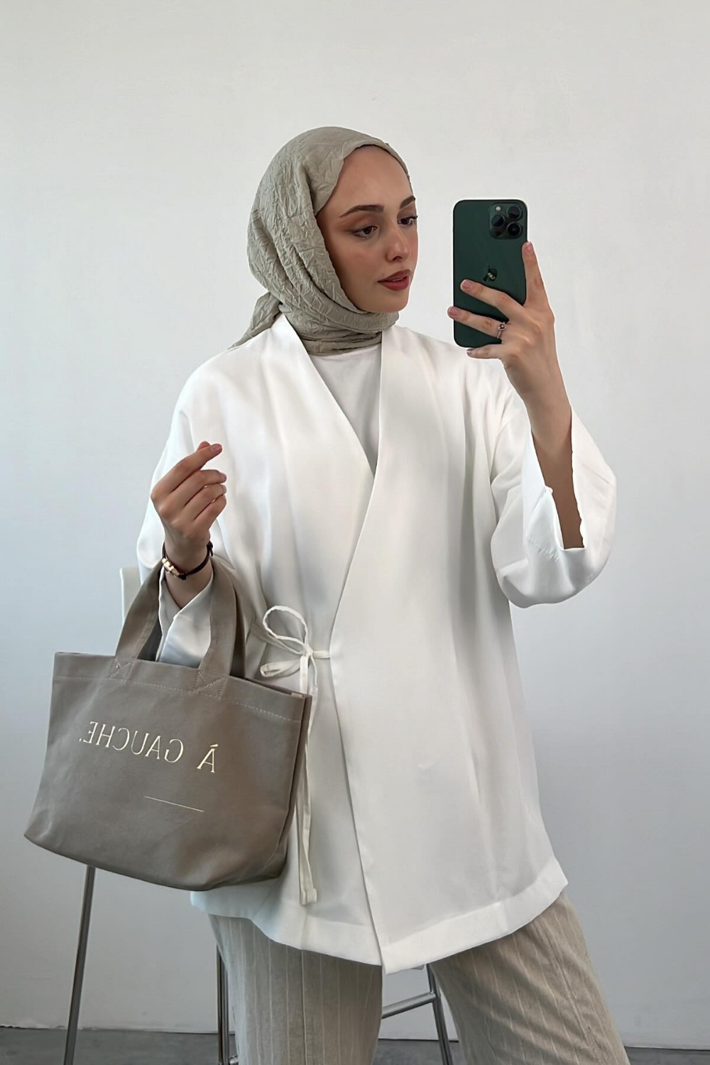 Gabardin Bağlamalı Ceket Beyaz