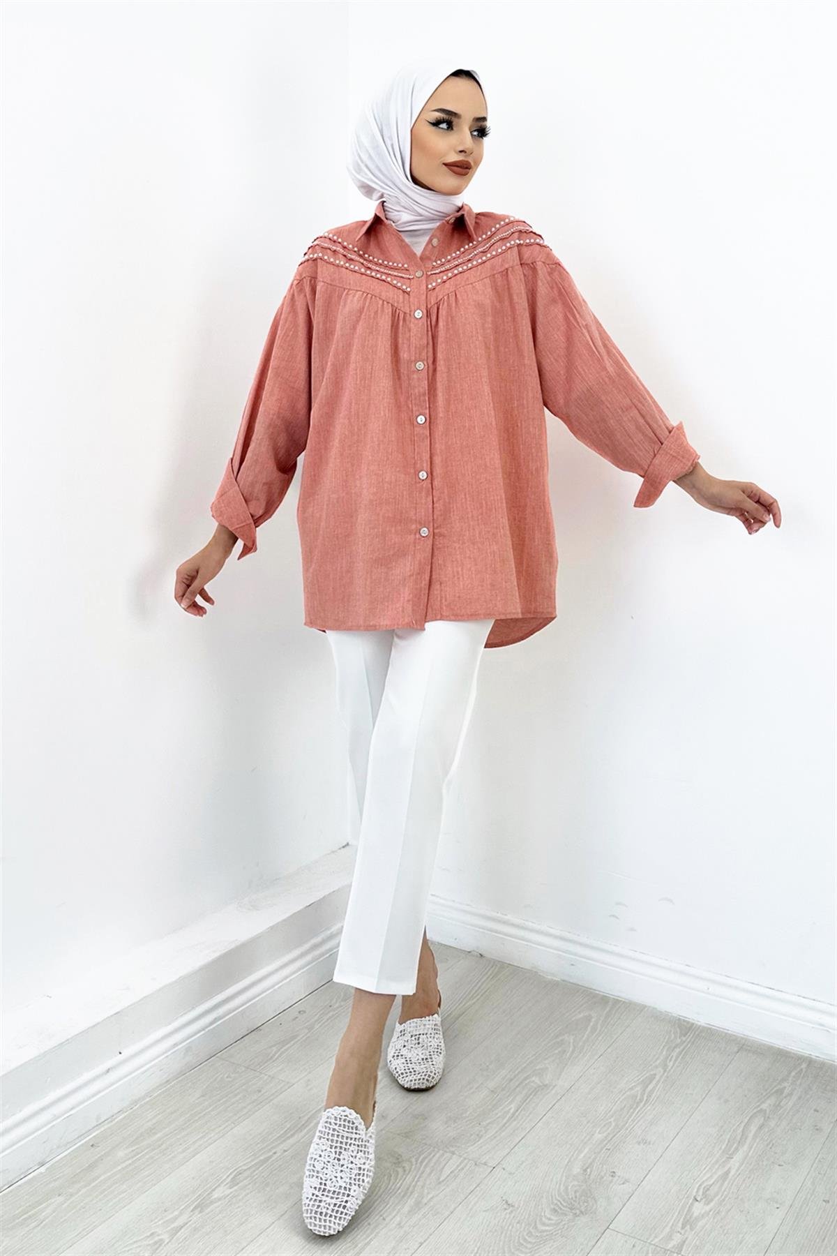 İnci Detaylı Gömlek Pudra