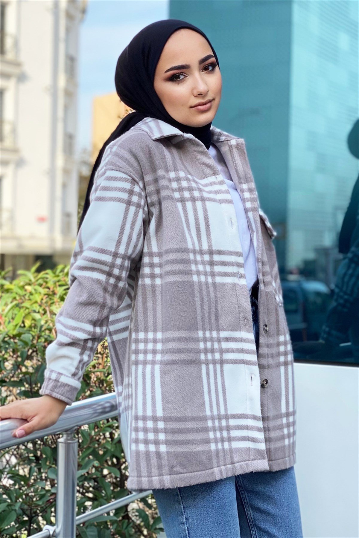 Kadın Tek Cepli Kalın Ekose Oduncu Gömlek-Taş