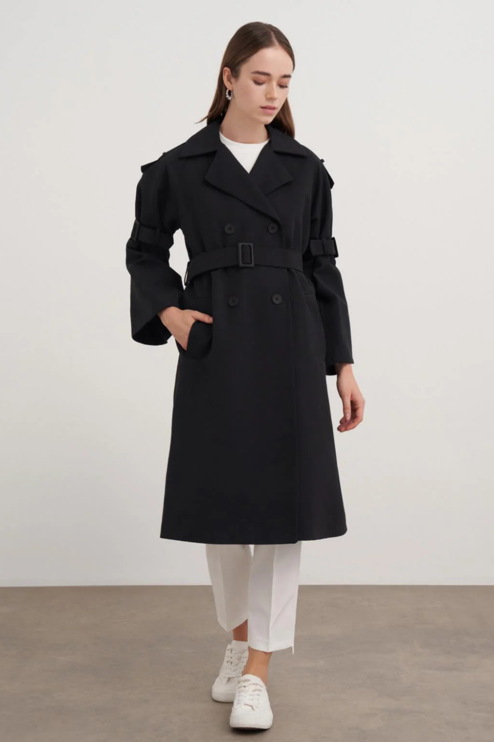 Kol Kemerli Trençkot Siyah
