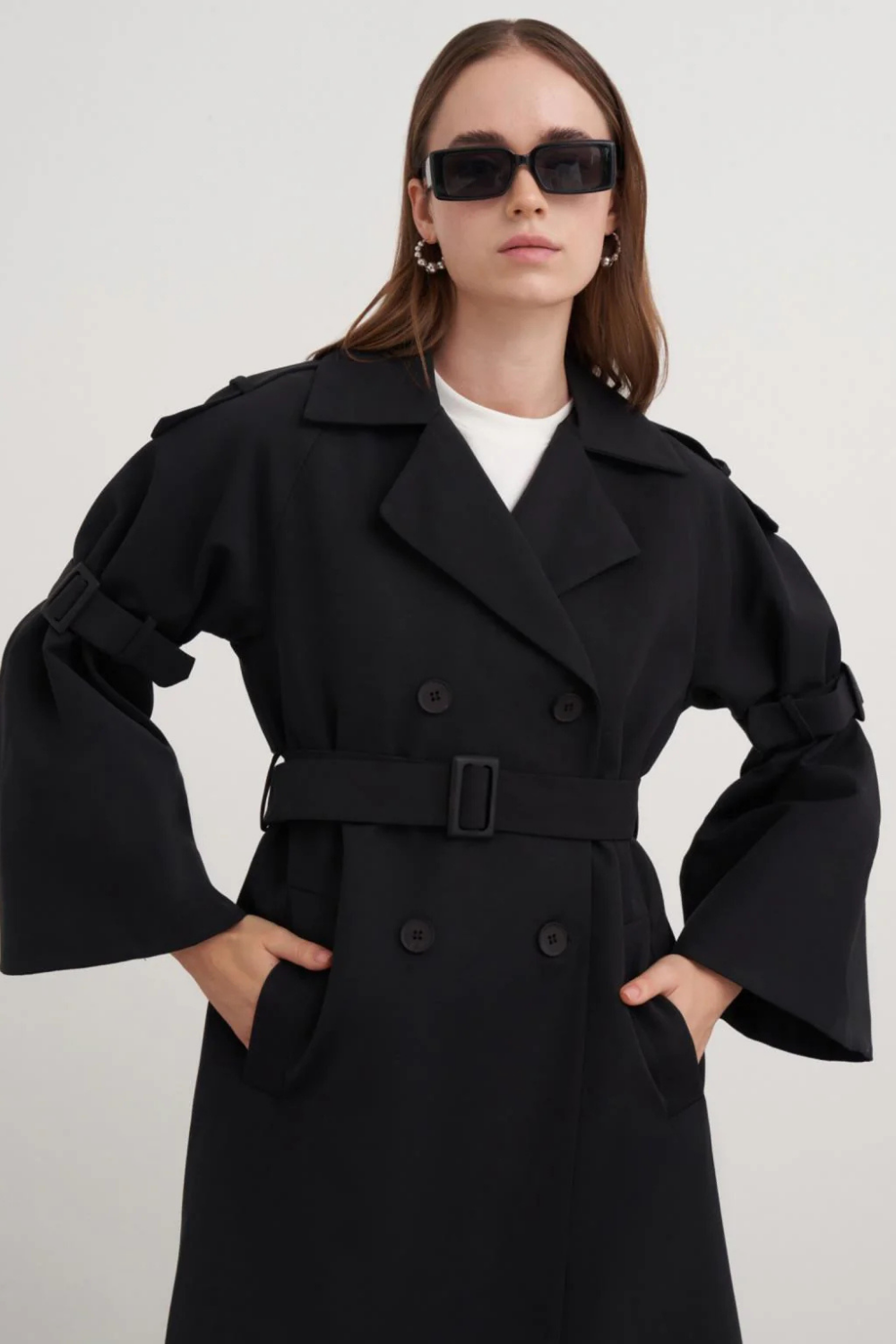 Kol Kemerli Trençkot Siyah