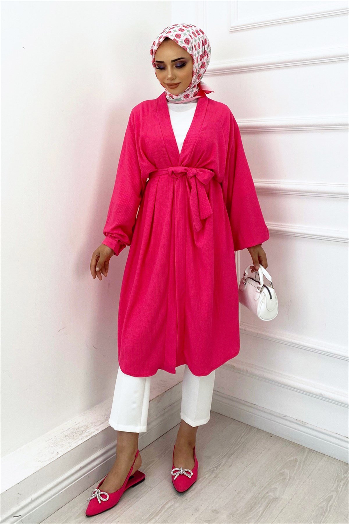 Kuşaklı Gofre Kimono Fuşya