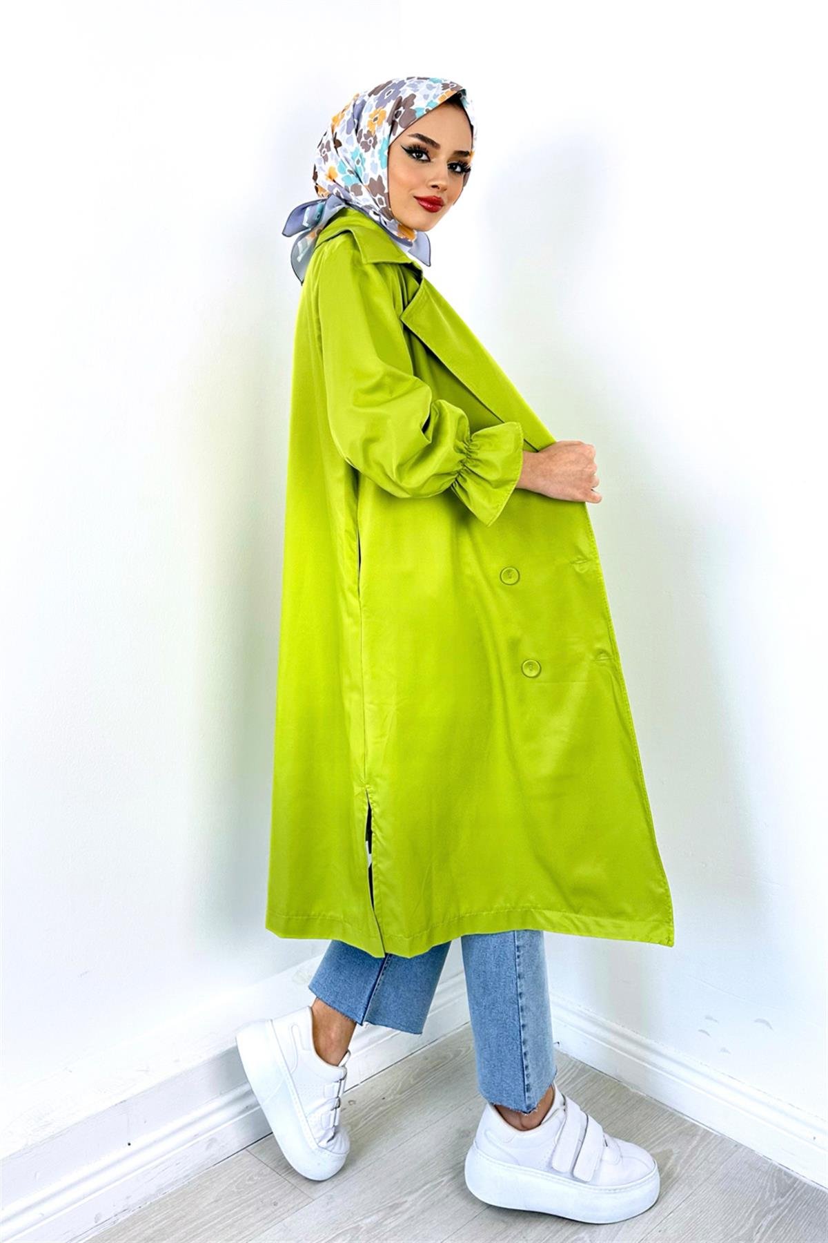 Kuşaklı Trençkot Fıstık Yeşili