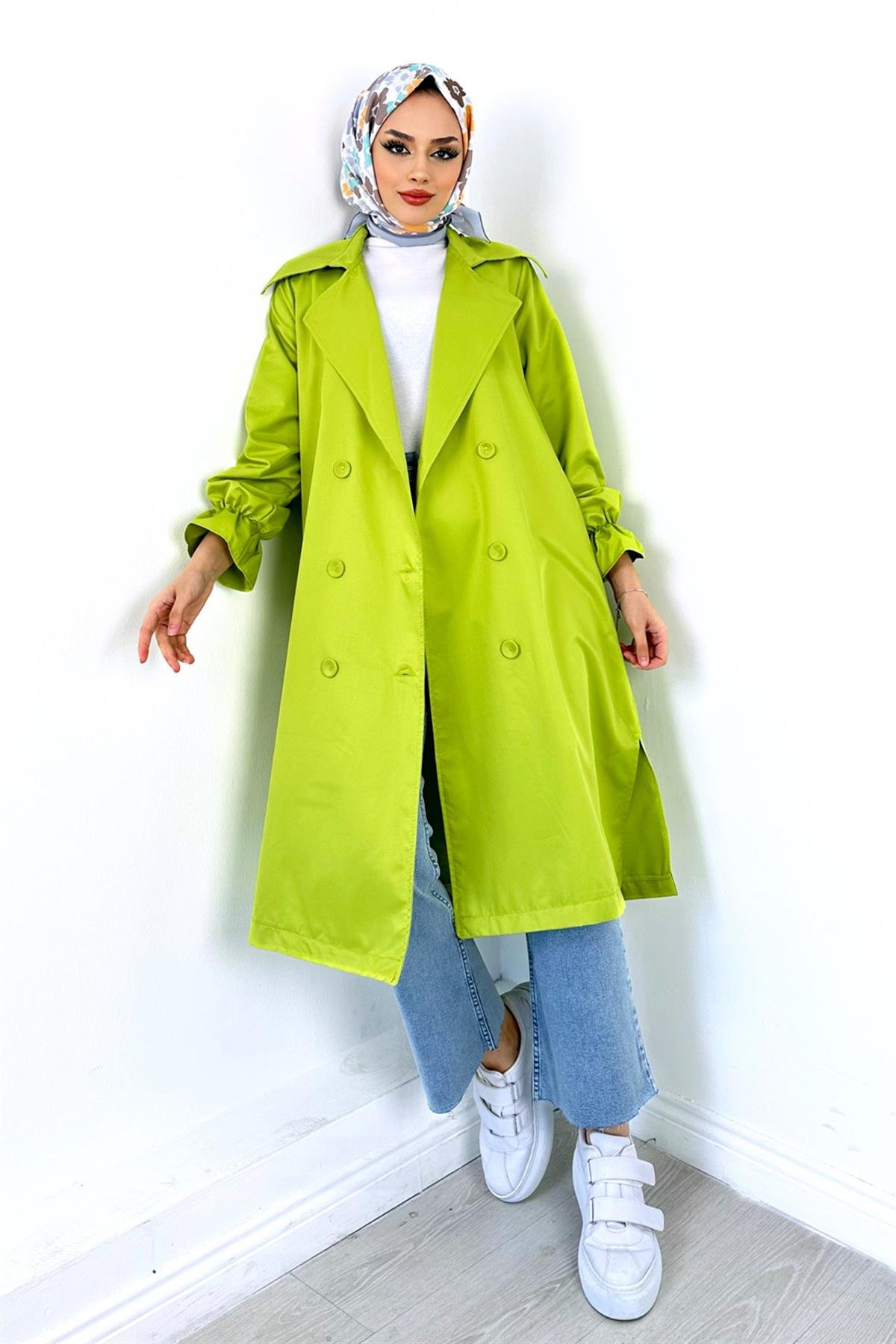 Kuşaklı Trençkot Fıstık Yeşili