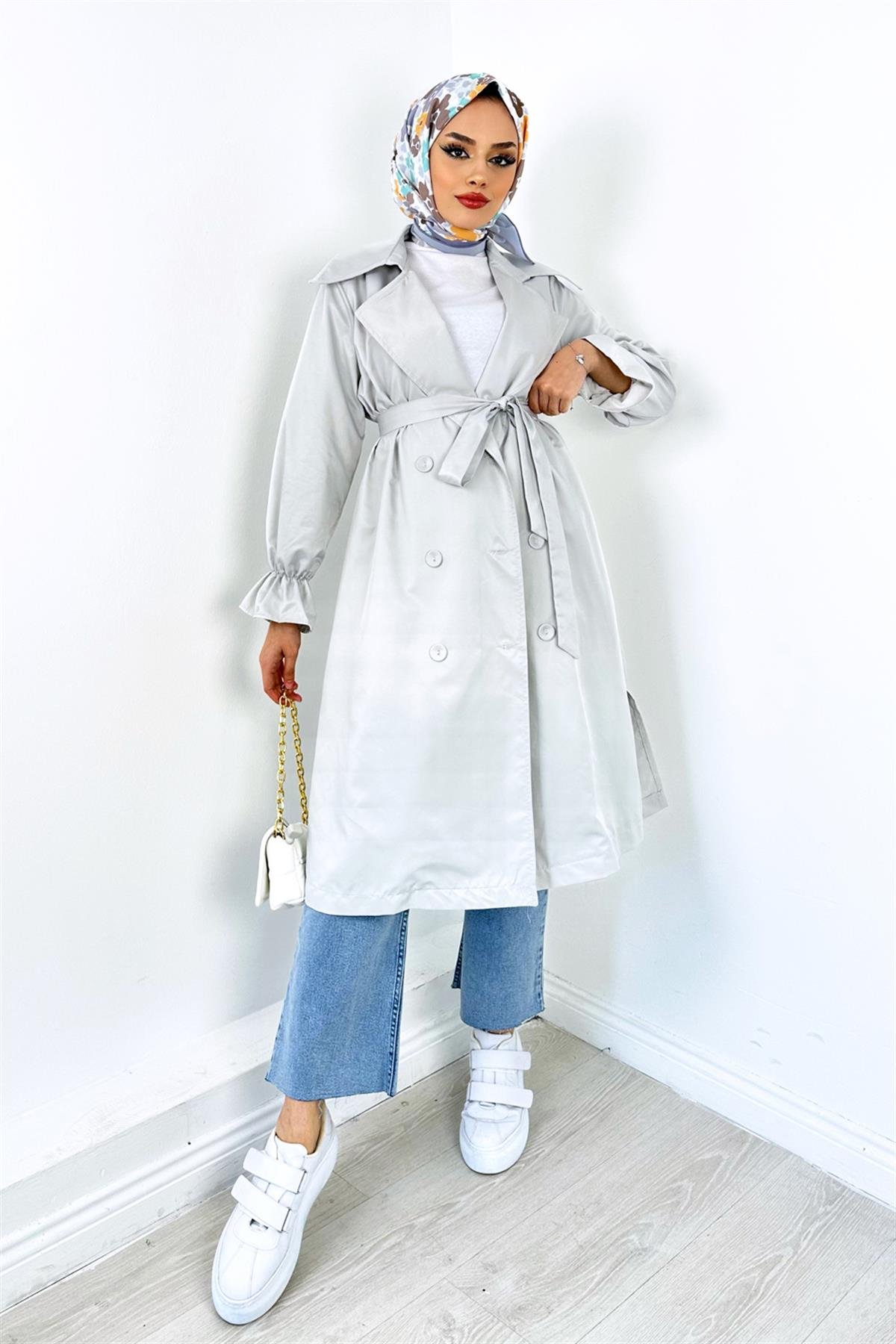 Kuşaklı Trençkot Gri