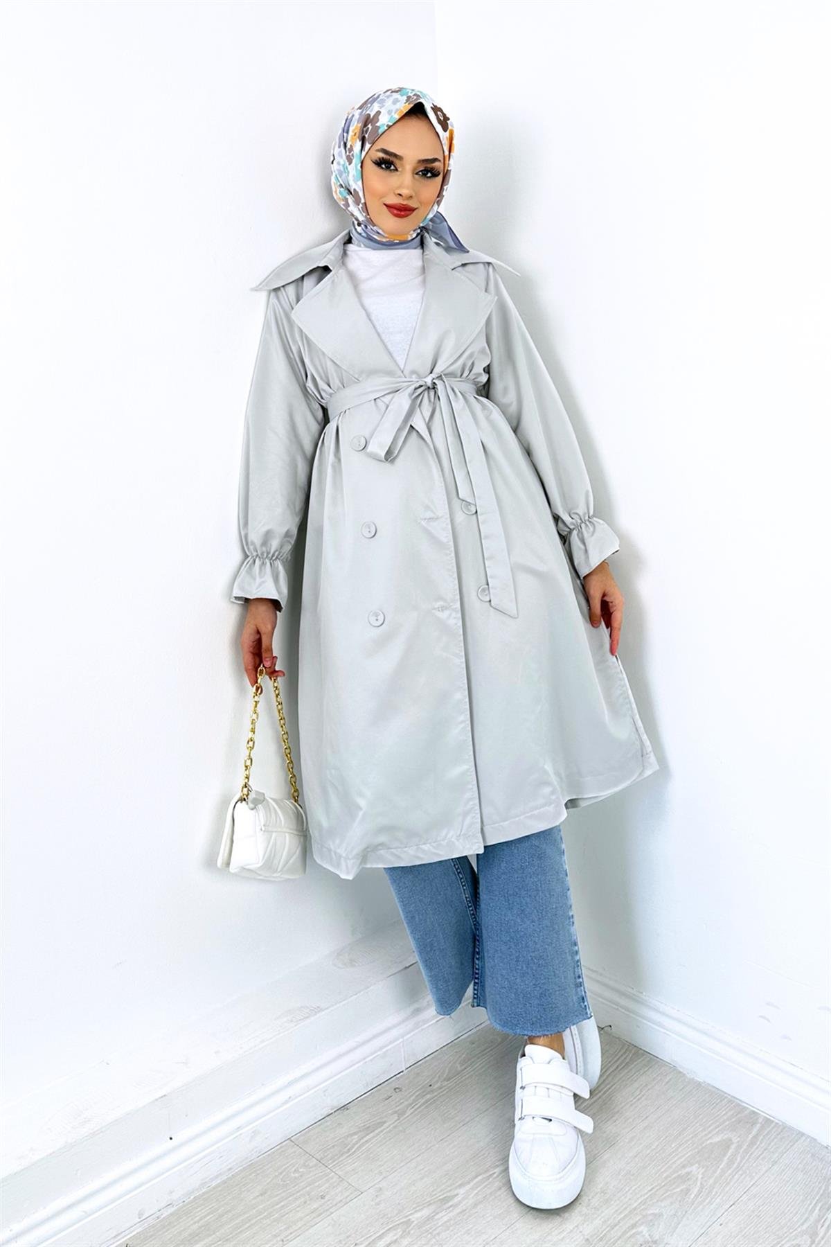 Kuşaklı Trençkot Gri