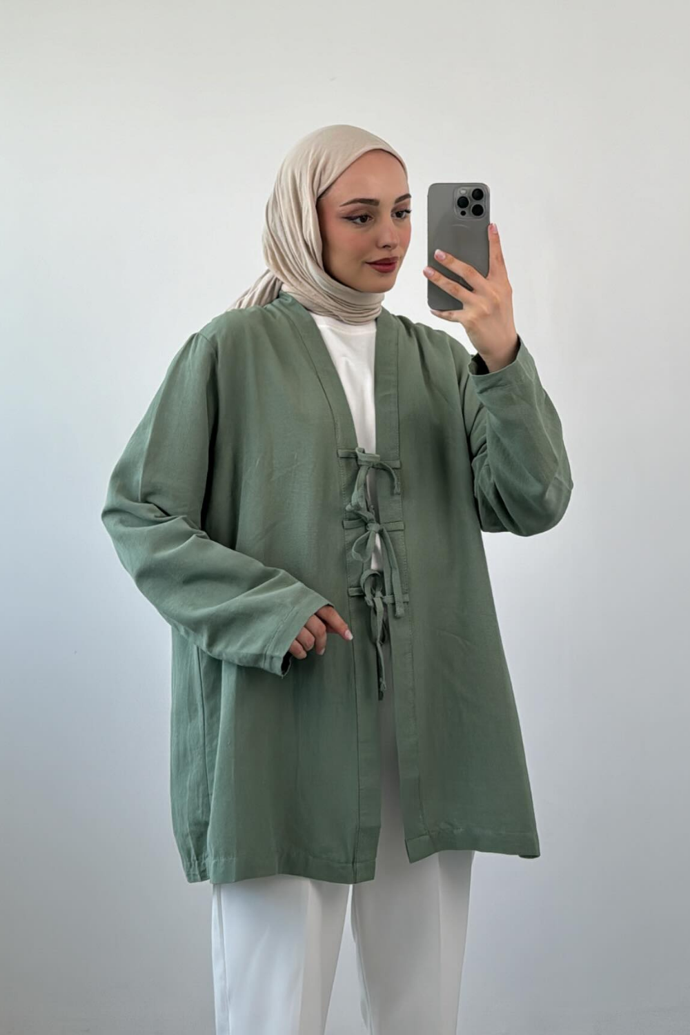 Önden Bağlamalı Keten Kimono Haki
