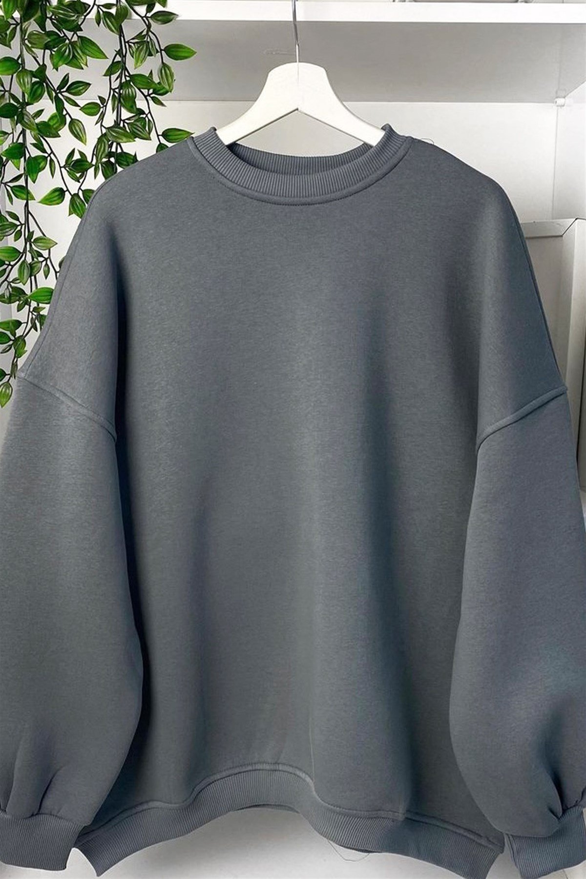 Oversize Bisiklet Yaka Sweat Füme