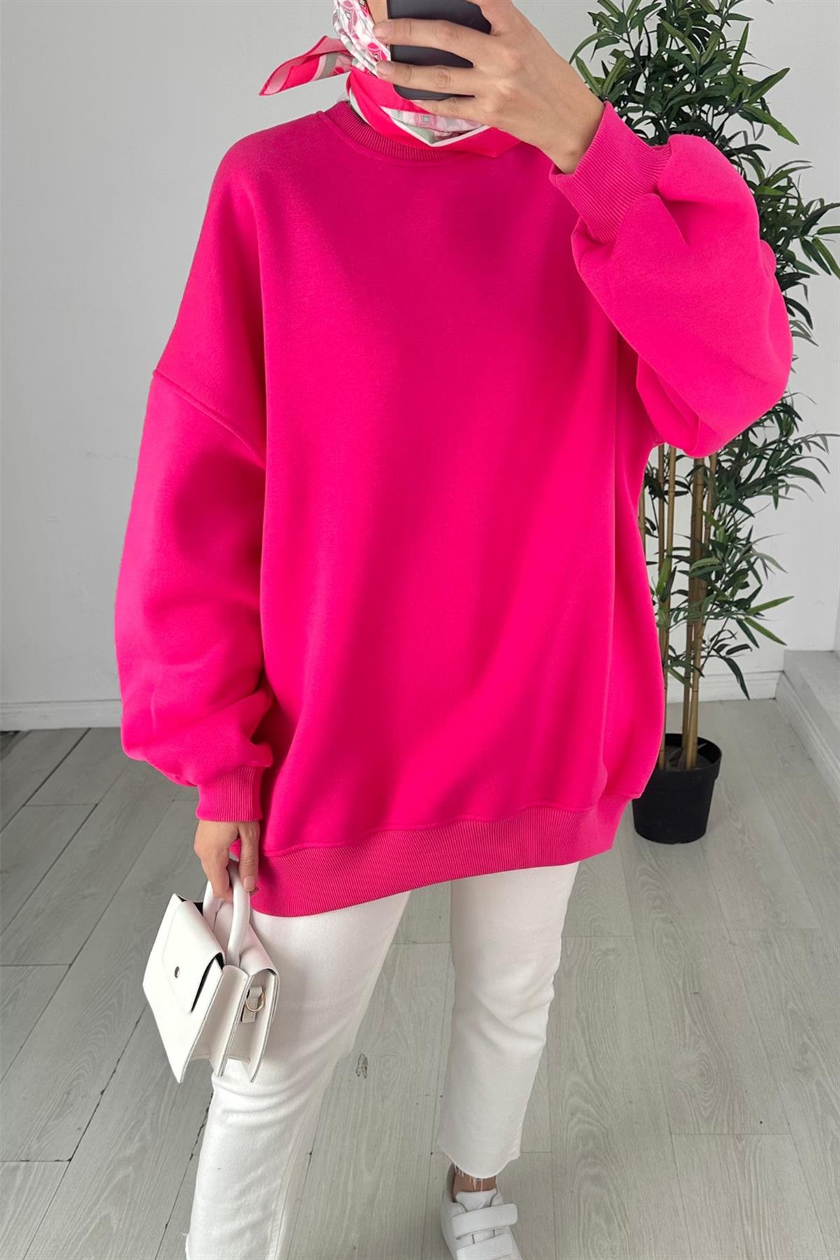 Oversize Bisiklet Yaka Sweat Fuşya