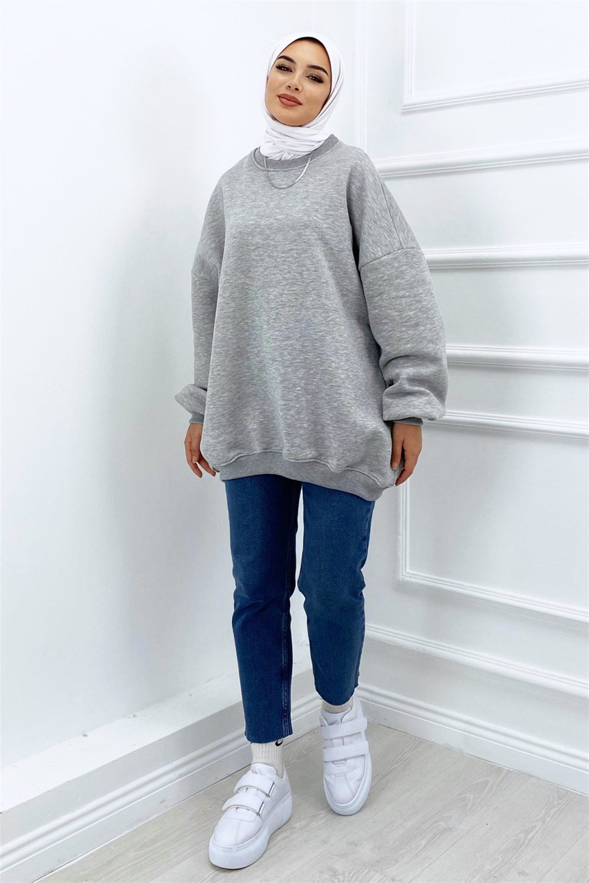 Oversize Bisiklet Yaka Sweat Gri