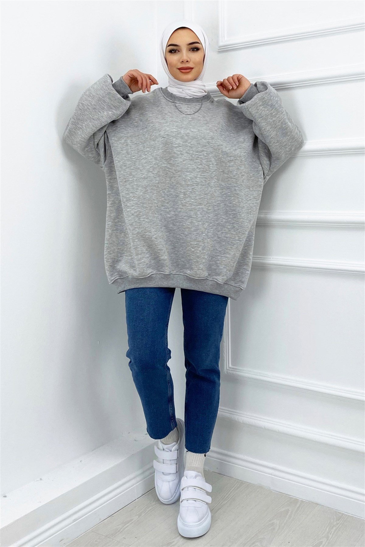 Oversize Bisiklet Yaka Sweat Gri