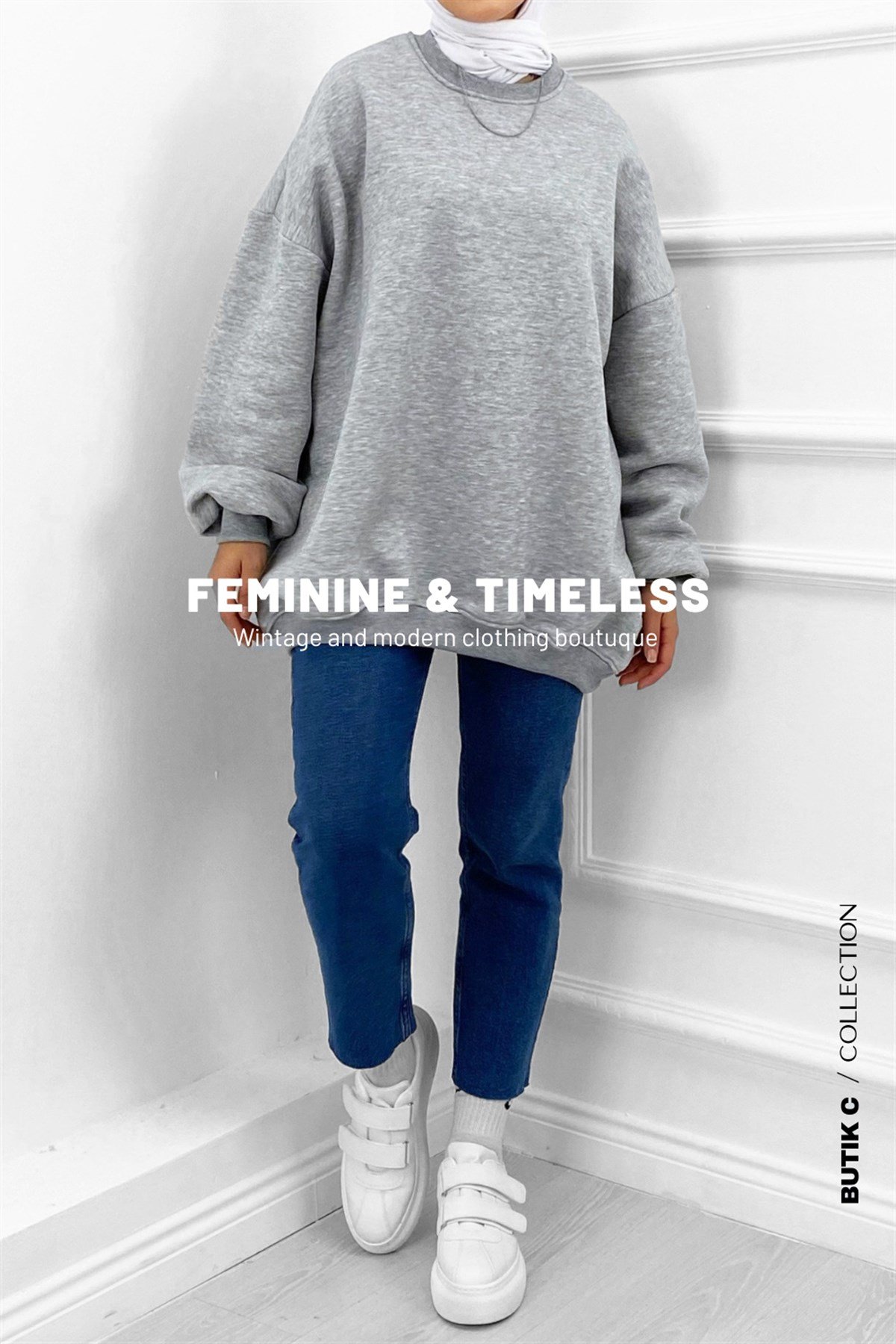 Oversize Bisiklet Yaka Sweat Gri