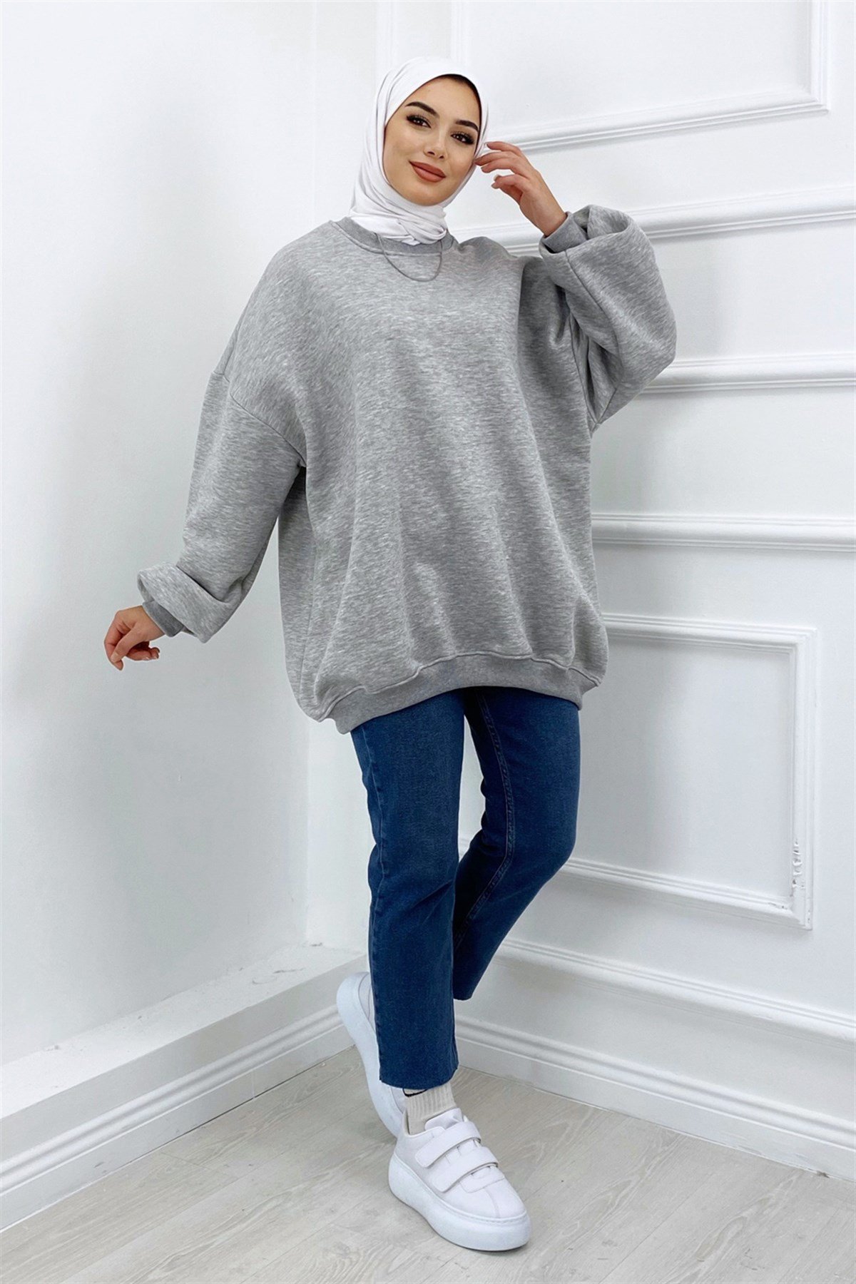 Oversize Bisiklet Yaka Sweat Gri