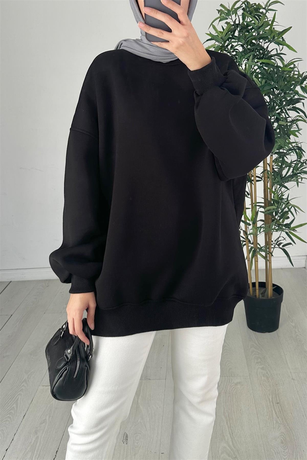 Oversize Bisiklet Yaka Sweat Siyah