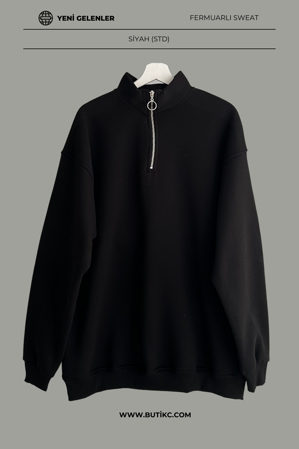 Oversize Fermuarlı Sweat Siyah