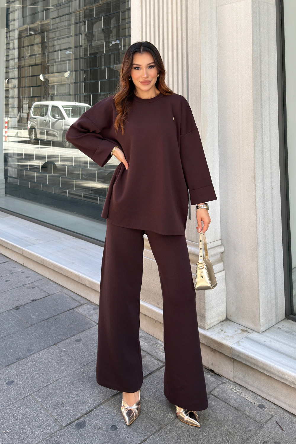 Pantolonlu Triko Takım Kahverengi