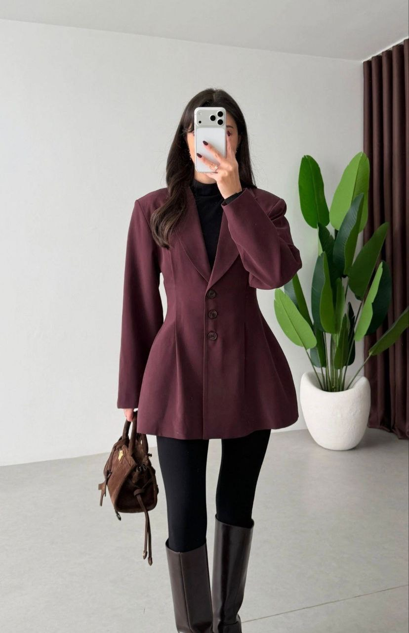 Pens Detay Belden Oturtmalı Ceket Mürdüm