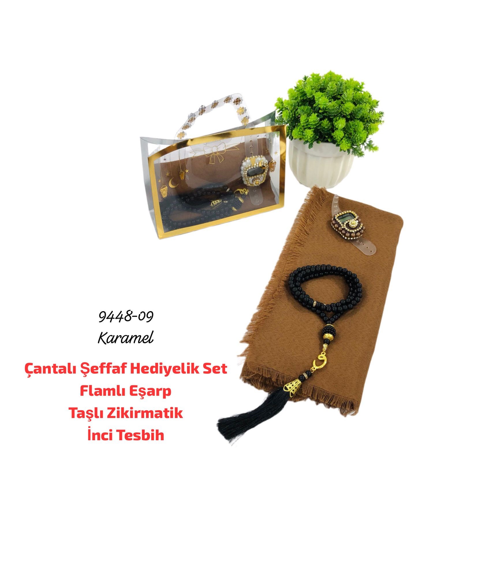 Çantalı Şeffaf Hediyelik Set Eşarp Tesbih Zikirmatik