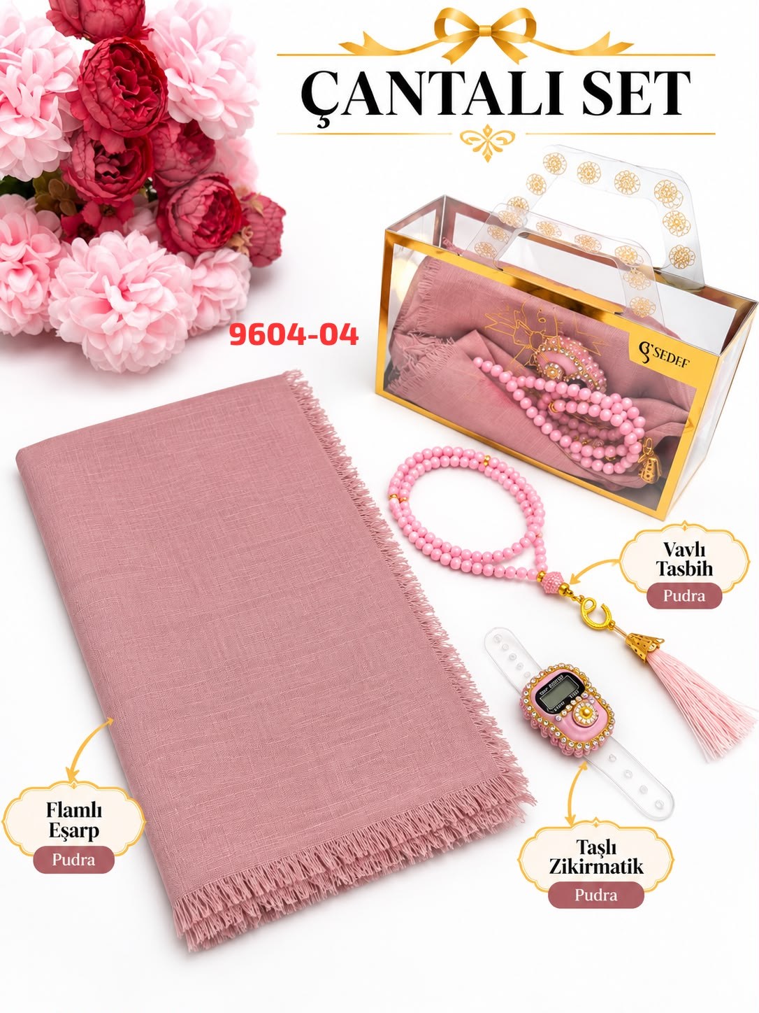 Eşarp Tesbih Taşlı Zikirmatik Çantalı Set