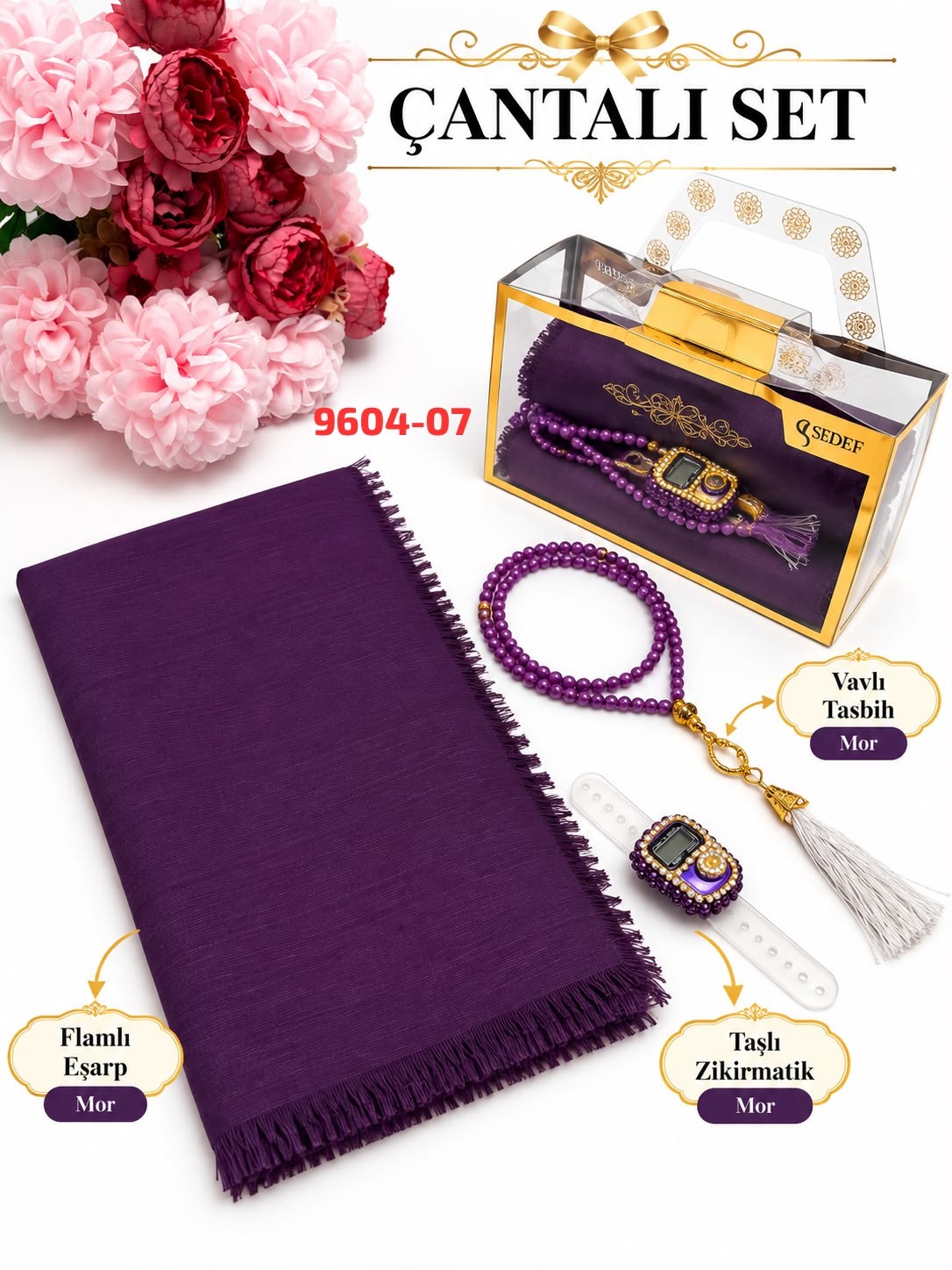 Eşarp Tesbih Taşlı Zikirmatik Çantalı Set