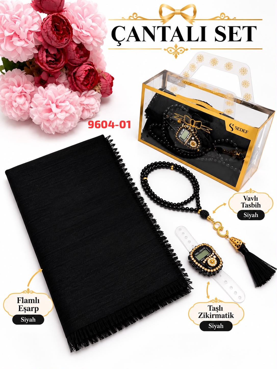 Eşarp Tesbih Taşlı Zikirmatik Çantalı Set