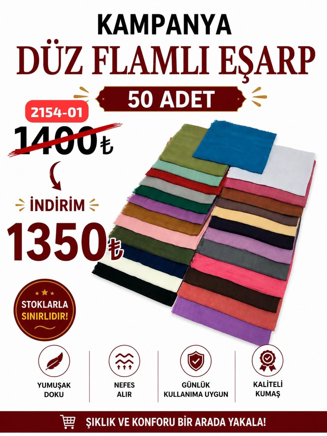 Kampanyalı Düz Flamlı Eşarp