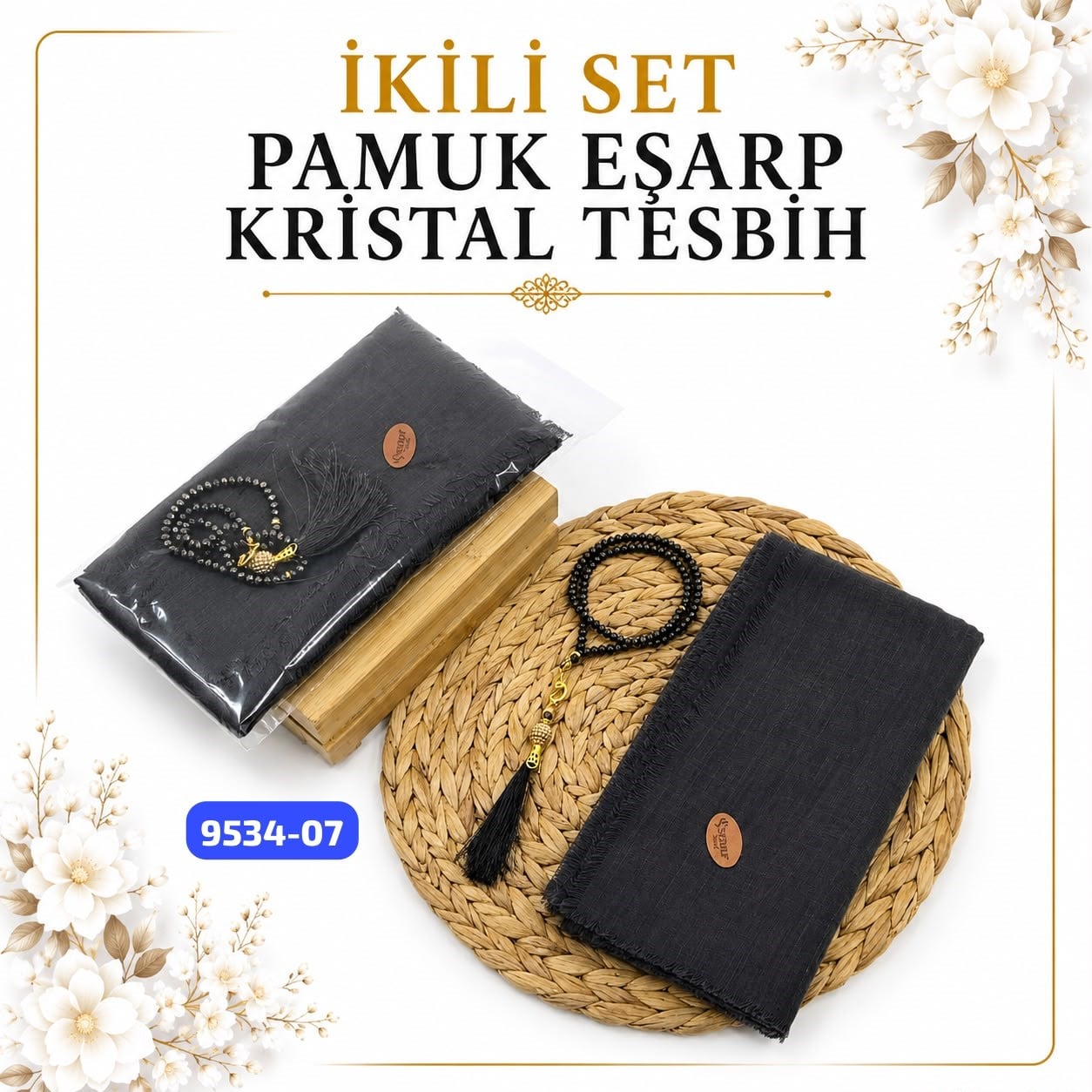 Pamuklu Eşarp Kristal Tesbih Set